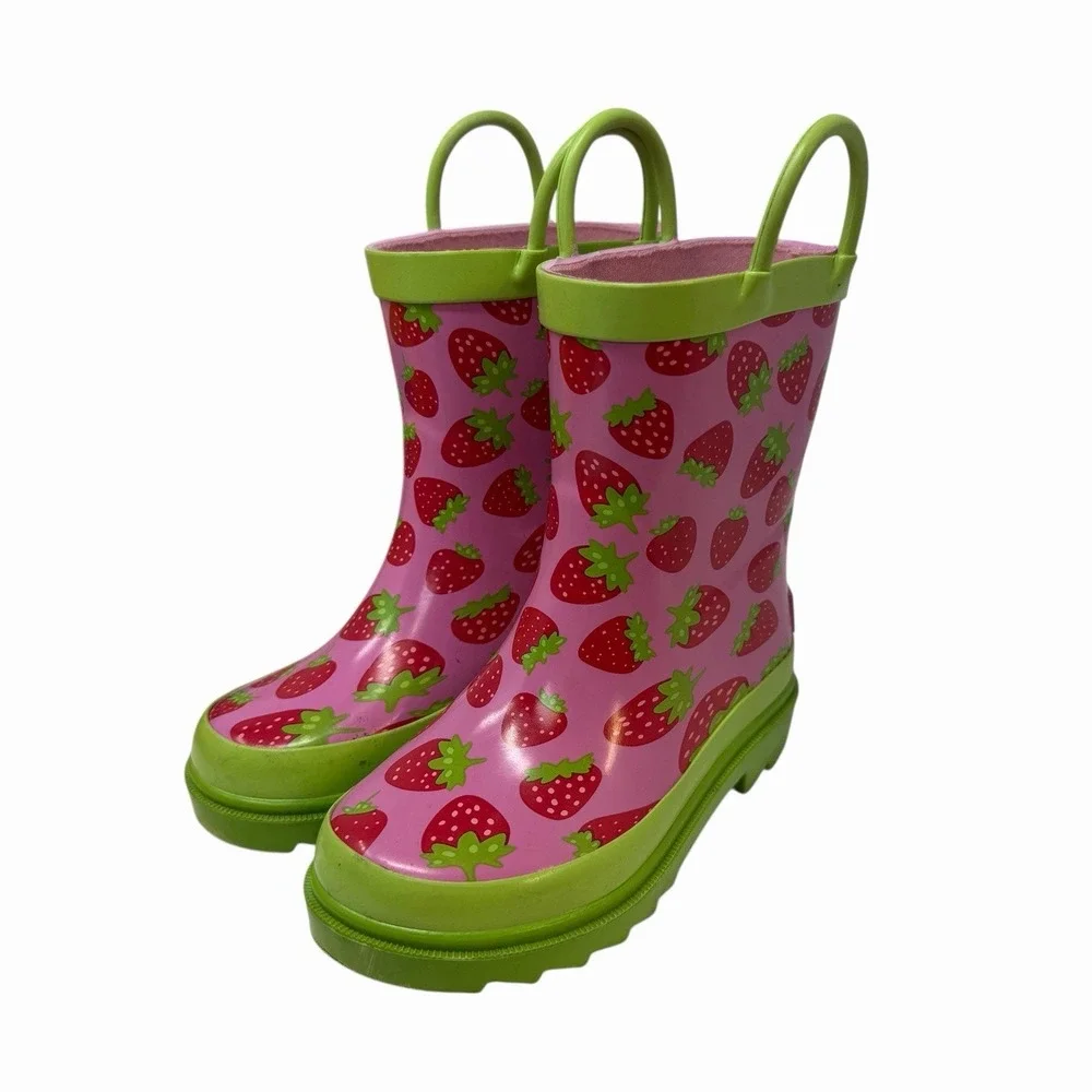 Blue Mountain Kids Strawberry Print Pink Lime Green Rubber Rain Boots BM230 13/1